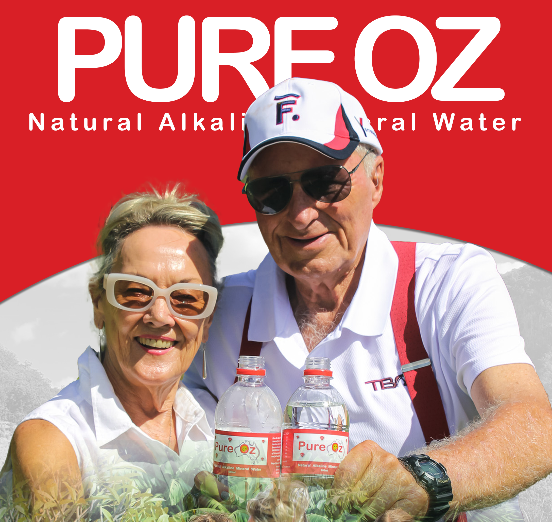 Promotional image for Pure Oz natural alkaline water with a family holding bottles against a red background.
